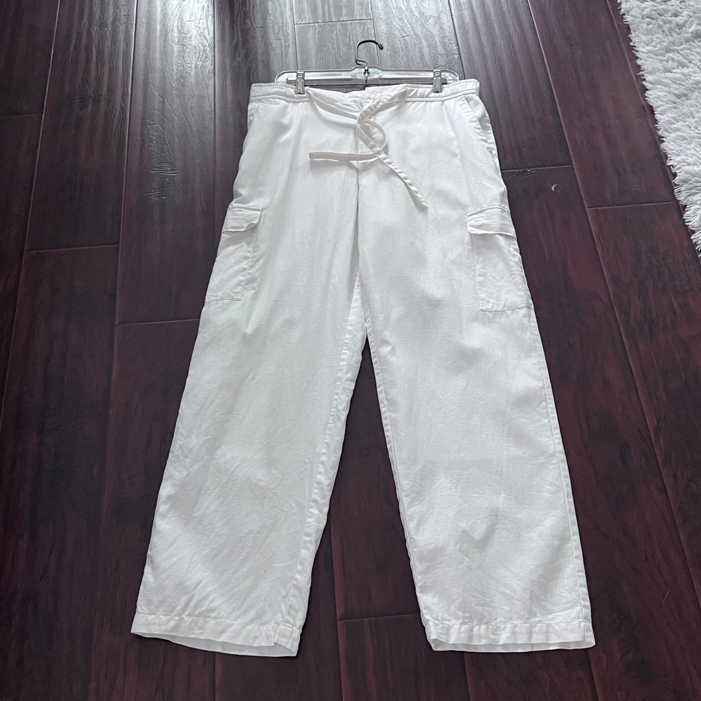 Claiborne White Linen Blend Drawstring Waist Wide Leg Cargo Pants Medium - READ‎
